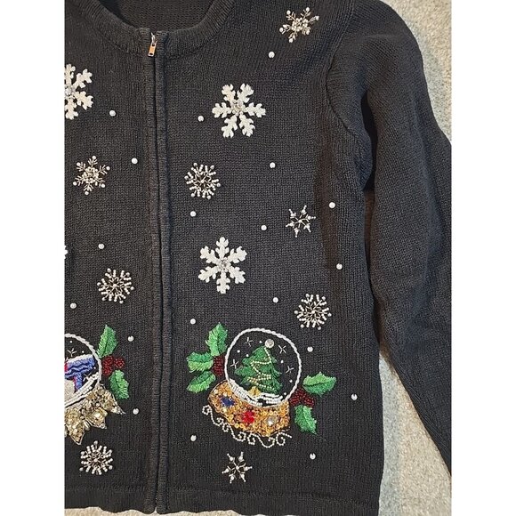 B.P. Design Christmas Cardigan Sweater Snow Globe Beaded Embroidered Snowman M - Picture 11 of 12